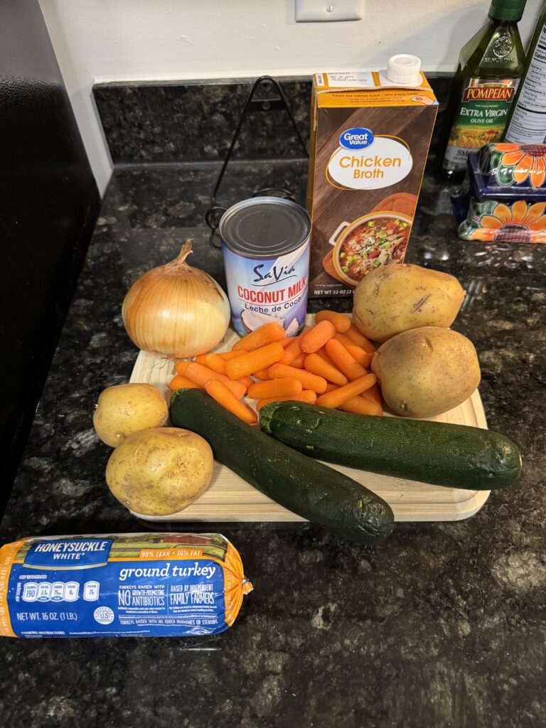 This is an image of all the ingredients needed for this creamy turkey soup.