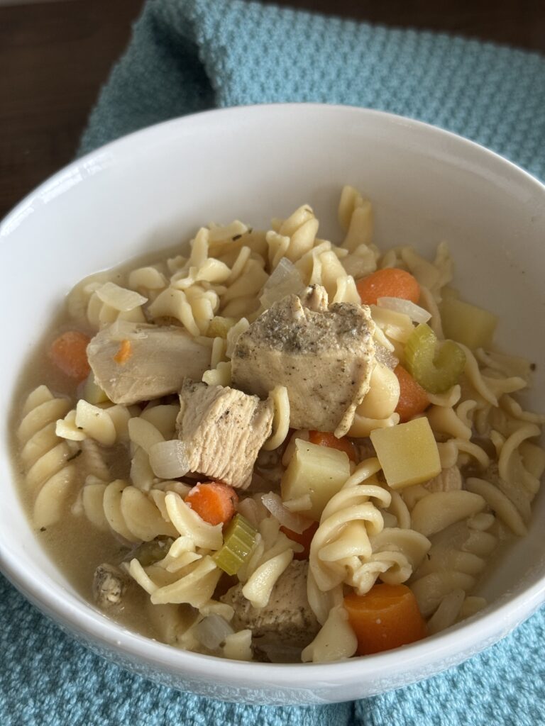 This image is of the gluten free high protein chicken noodle soup.