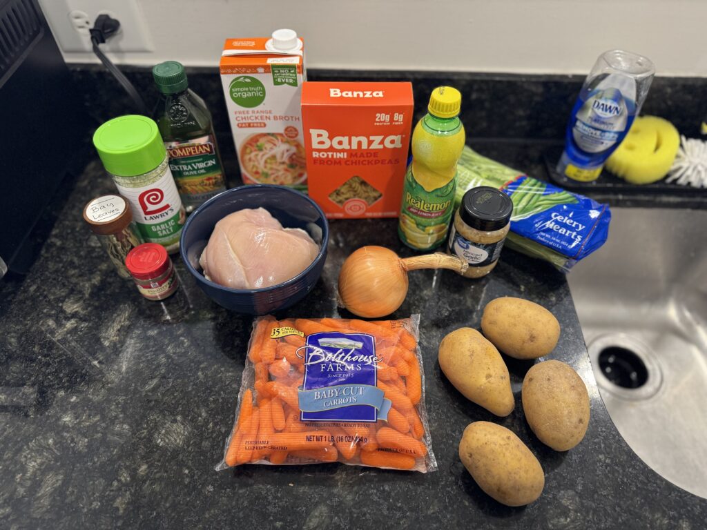 This image is of the ingredients used for the gluten free high protein chicken noodle soup.